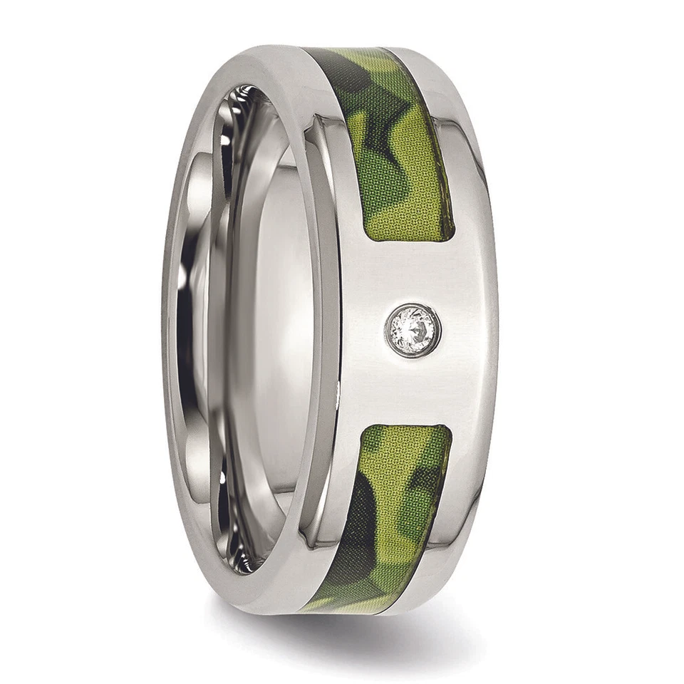 Cincel Acero Inoxidable Pulido con Circonita Estampada Verde Camuflaje Bajo Banda de Goma Anillo Foto 2 de 4