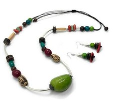 Long Tagua Nut Necklace and Earrings in Multi Color TAG651, Vegetable Ivory