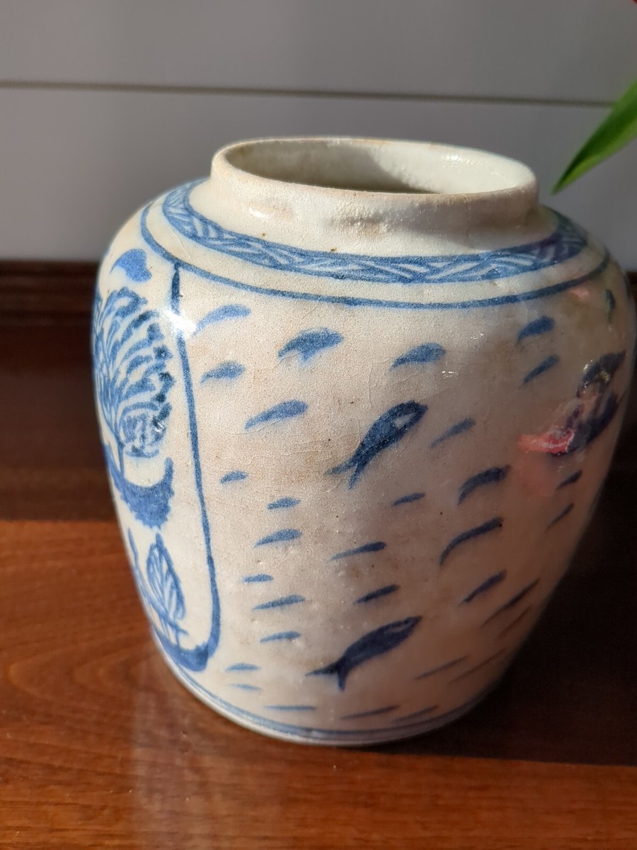 Antique Ming Dynasty Stoneware Pottery Ginger Jar Blue White