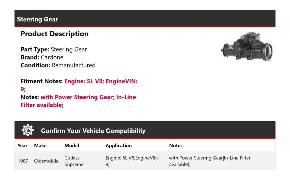 Para Oldsmobile Cutlass Supreme 1987 5L V8 engranaje de dirección cardone Foto 2 de 4