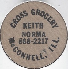CROSS GROCERY, Keith, Norma, McCONNELL, ILLINOIS, Token, Buffalo Wooden Nickel