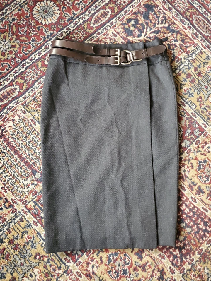 Falda Ralph Lauren Etiqueta Negra Gris Lana Borde Cuero Talla 2