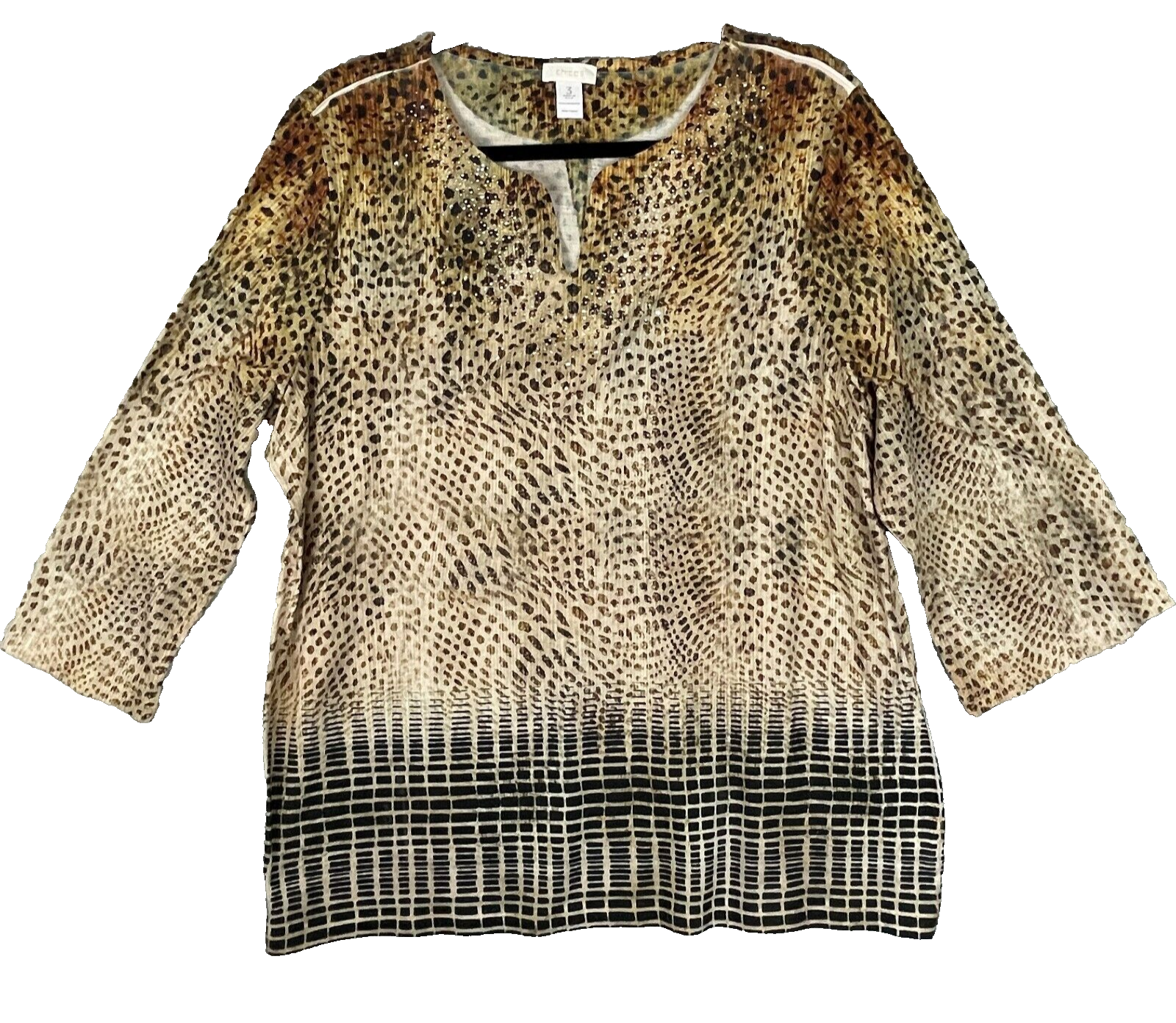 Chicos Shirt Womens 3 XL 16 Blouse Cheetah Animal Print Studded 3/4 Sleeve