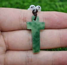 Natural Green OLD Jade Hand Carved Cross Christianity Pendant Necklace