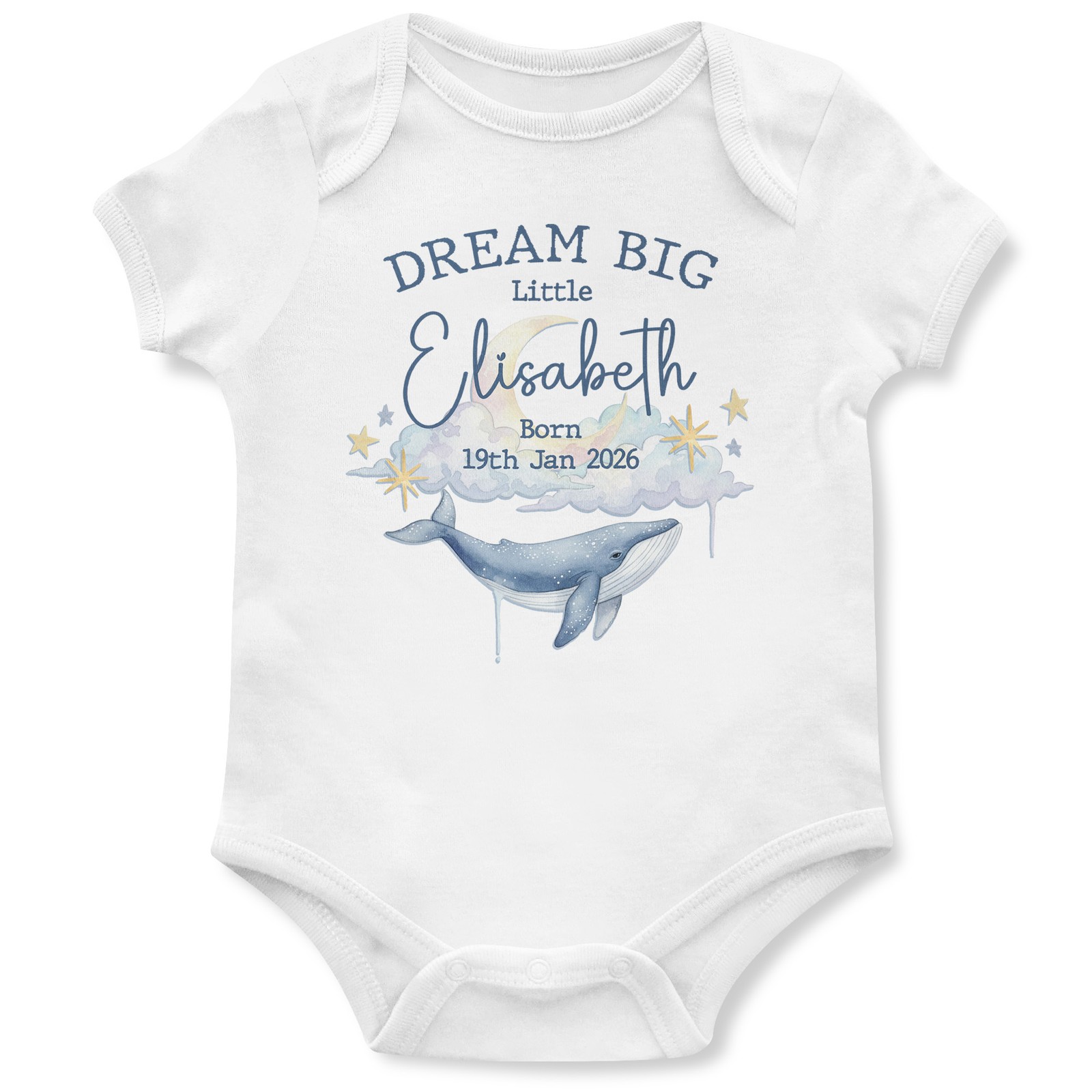 Personalised Dream Big Babygrow for Newborn with Whale Design Custom Name & D...