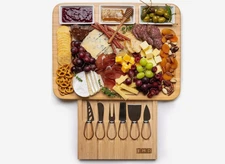 Cheese Board made bamboo with 6-Piece Cutlery Set-Charcuterie Serving Tray Gift