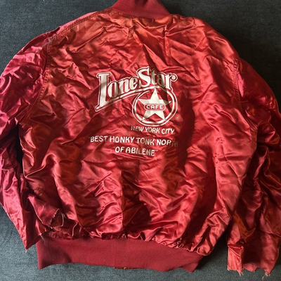 #ad Lone Star Cafe Abilene New York City Empire Vtg Satin Union Bomber Jacket Coat L $99.95