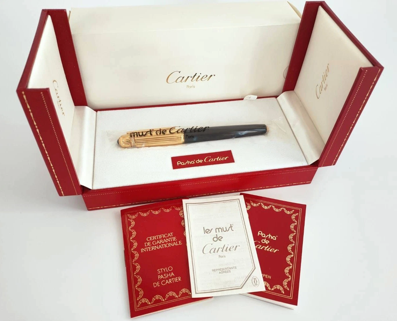 Cartier — NEW Pasha de Cartier black ballpoint pen Layered Trinity Gold Ring Sealed NIB