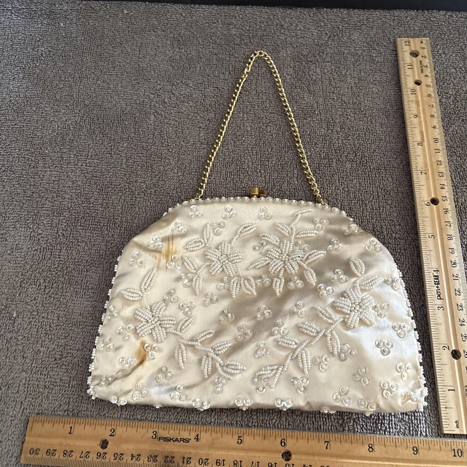 Vintage Sharonee Cream Beaded Clutch British Hong Kong Purse - Image 2 of 4