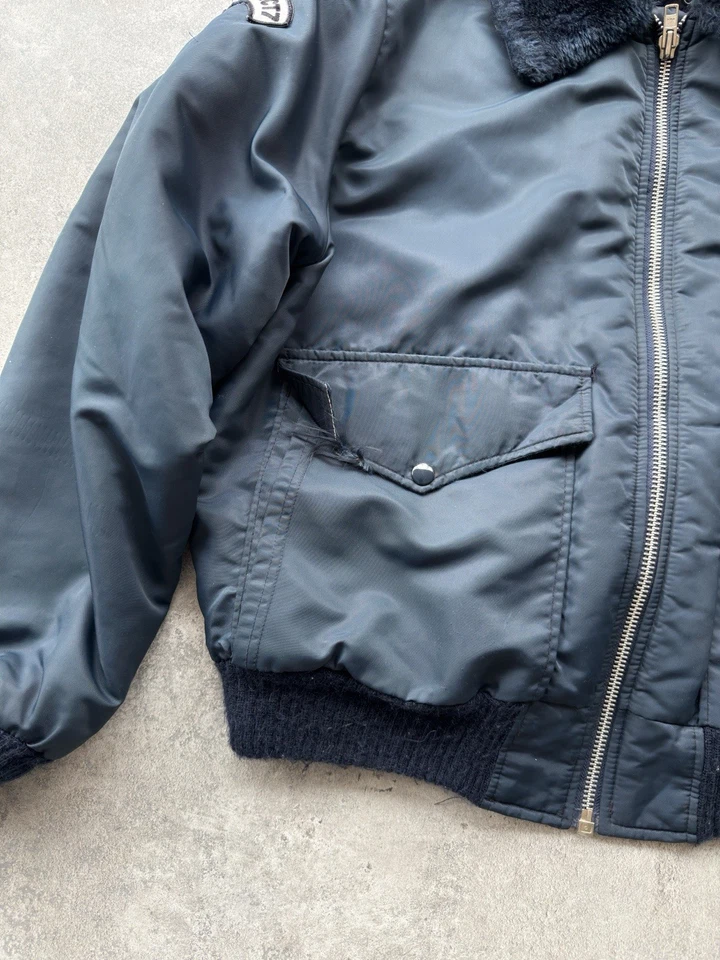 Vintage MVP Corp Aviator Fleece Bomber Jacket Mens XL Faux Fur Collar Navy Blue - Image 4 of 4