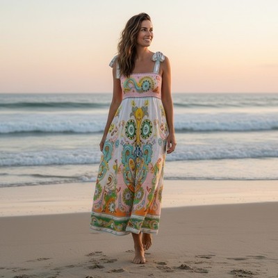 Summer Maxi Dress Pastel Paisley Print Tie Shoulder Strap Breathable Women's