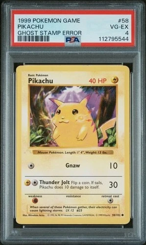 Pokemon 1st Edition, Pikachu, #58 Base Set, Ghost Stamp Error, PSA 4