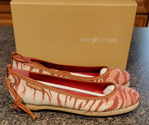 SERGIO ROSSI Womens Flat TESSUTO CANVAS Stripe Tigre SIZE 40.5 NEW