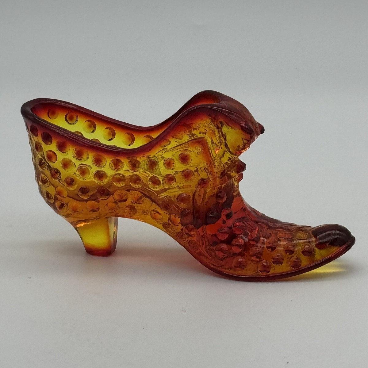 Fenton Hobnail Orange Amber Glass Shoe with Cat Head Art Glass