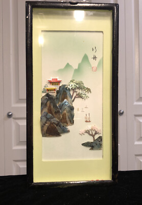 母貝装飾の伝統的風景画 Vintage Chinese Framed Carved Mother Of Pearl Sea Shell Art Sea