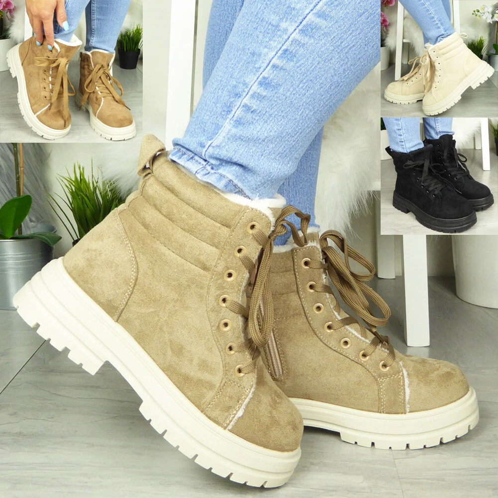 Ankle Boots Shoes Trainers Ladies Zip Lace Up Casual Warm Fur Lined Womens Sizes