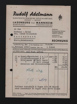 LADENBURG, Rechnung 1954, Rudolf Adelman Elektrotechnische Spezial-Artikel