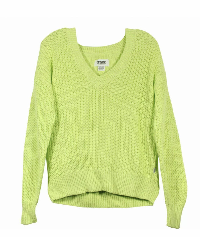 Victoria's Secret PINK Cable Knit Sweater Lime Green V-neck LARGE