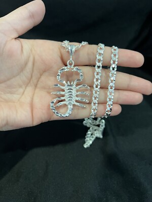 .925 Sterling Silver Men's Scorpio Scorpion Pendant & Deck Curb Chain 22 26 30