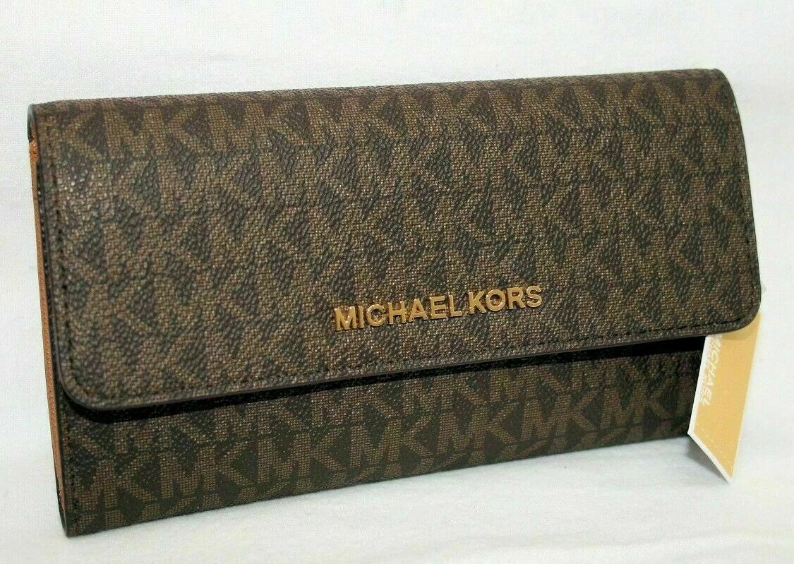 MICHAEL KORS JET SET TRAVEL LARGE TRIFOLD MK SIGNATURE WALLET BROWN