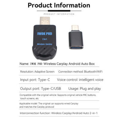 Smart USB Plug&Play 2 in 1 Wireless Carplay Adapter For Apple iOS Android Auto