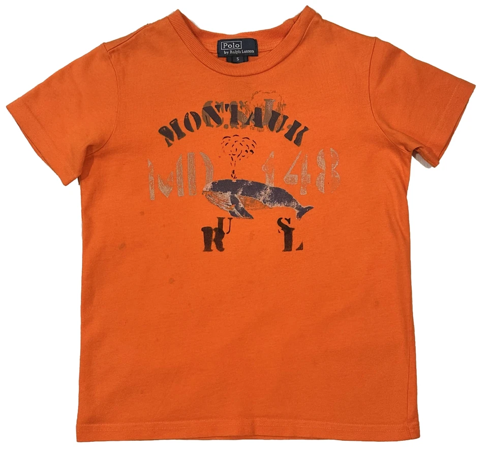 NEW RALPH LAUREN POLO T SHIRT 5 BOYS KIDS MONTAUK NY BEACH WHALE US RL ORANGE - Image 2 of 4