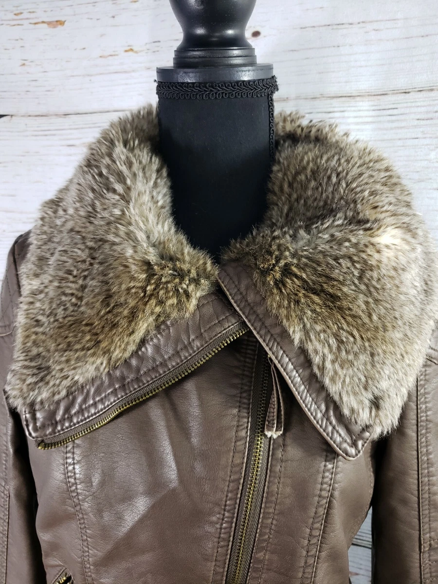 Guess Woman s Brown Faux Leather Jacket Size M Junior W Faux Fur