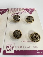 Vintage Le Chic 4 Pierced Gold Black Shank Buttons on Card 1940s 