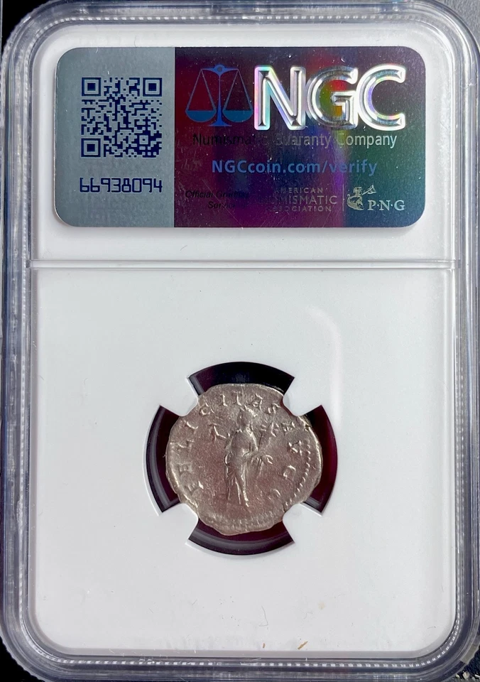 Hermosa Moneda Denario Romano Antigua Emperador Caracalla 198-217AD Clasificada NGC Foto 2 de 4