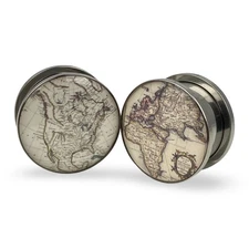 Pair of Screw on Antique Map Style 2 Picture Plugs gauges 16g thru 1 inch