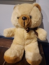 Teddy Bear Plush vintage tan beige brown nose ears paws feet sitting Ribbon