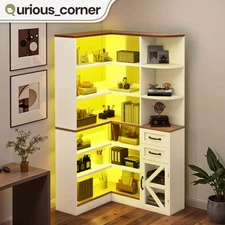 6 Tier LED Corner Bookshelf Bookcase Drawer Storage Rack Cabinet Home Office