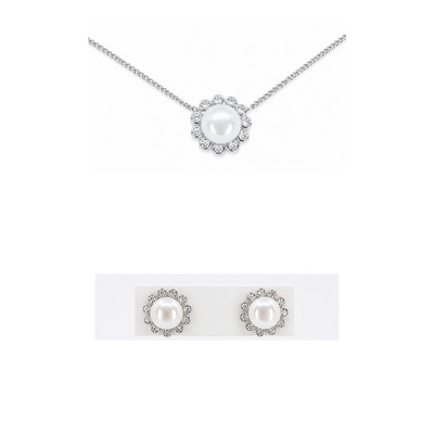 925 Sterling Silber Blume weiße Perlenkette & Ohrringe Set mit CZ
