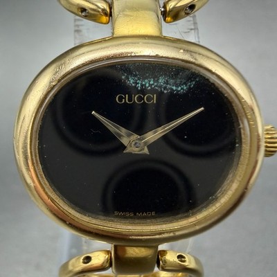 Gucci 1600 Watch Women 25mm Black Dial Gold Plated Oval READ