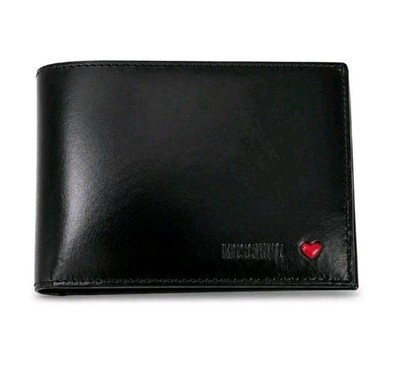 Moschino Black Leather Bifold Wallet Red Heart Logo Made in Italy NWOT Y2K