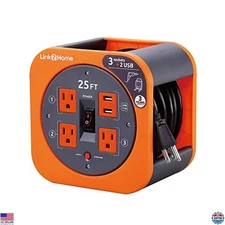 Link2Home 25 ft Cord Reel - 4 Outlets, 2 USB Ports, 2.4A Fast Charging, 16 AWG
