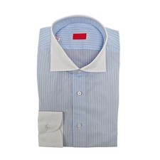 730 ISAIA NAPOLI "Mix" Dress Shirt Contrast Blue Striped Fine Cotton 16.5 - 42