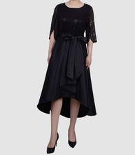 NY Collection Women's Black Sequins Solid Self-Tie A-Line Dress Petite Sz PM