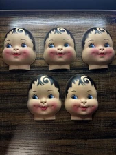 Lot of 5 Vintage Hard Plastic Doll Faces Sweetheart Style Blue Eyes Painted Hair