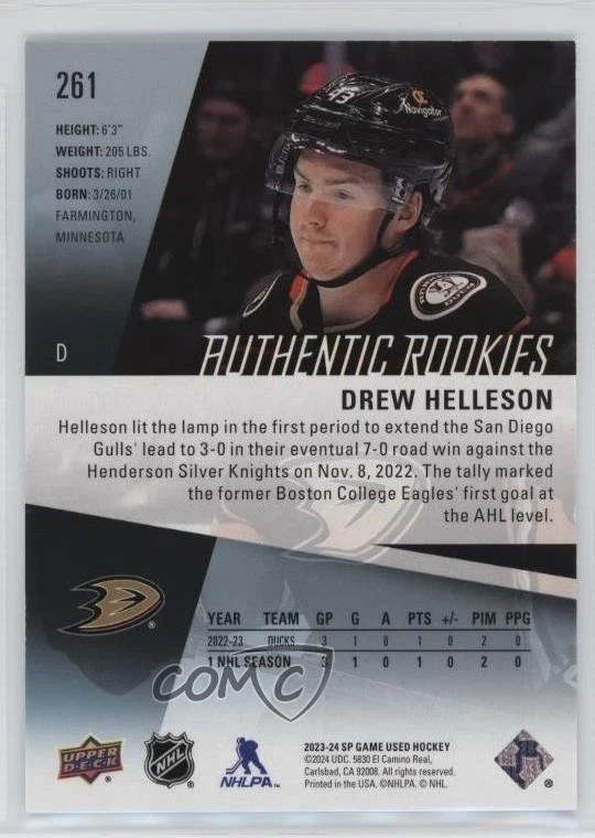 2023 Upper Deck SP Game Used Authentic Rookies /43 Drew Helleson #261 Rookie RC - Image 2 of 2