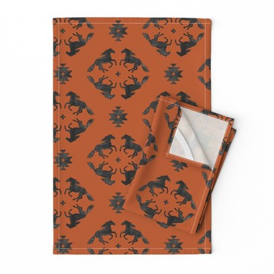 Medallion Rust Orange Black Aztec Linen Cotton Tea Towels ...