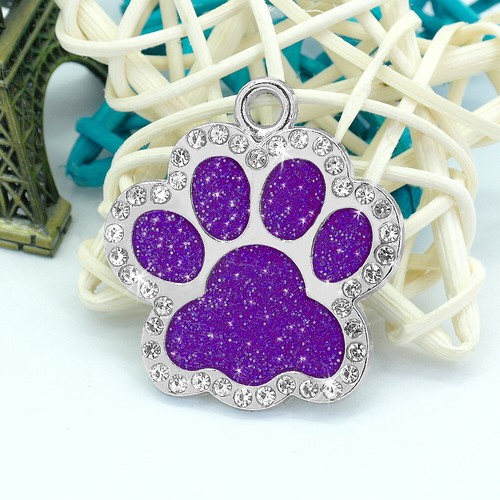 Personalised Dog Tags Rhinestone Bling Glitter Dog Paw Name Engraving Free Bows - Picture 12 of 17