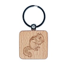 Nibbling Chipmunk Engraved Wood Square Keychain Tag Charm