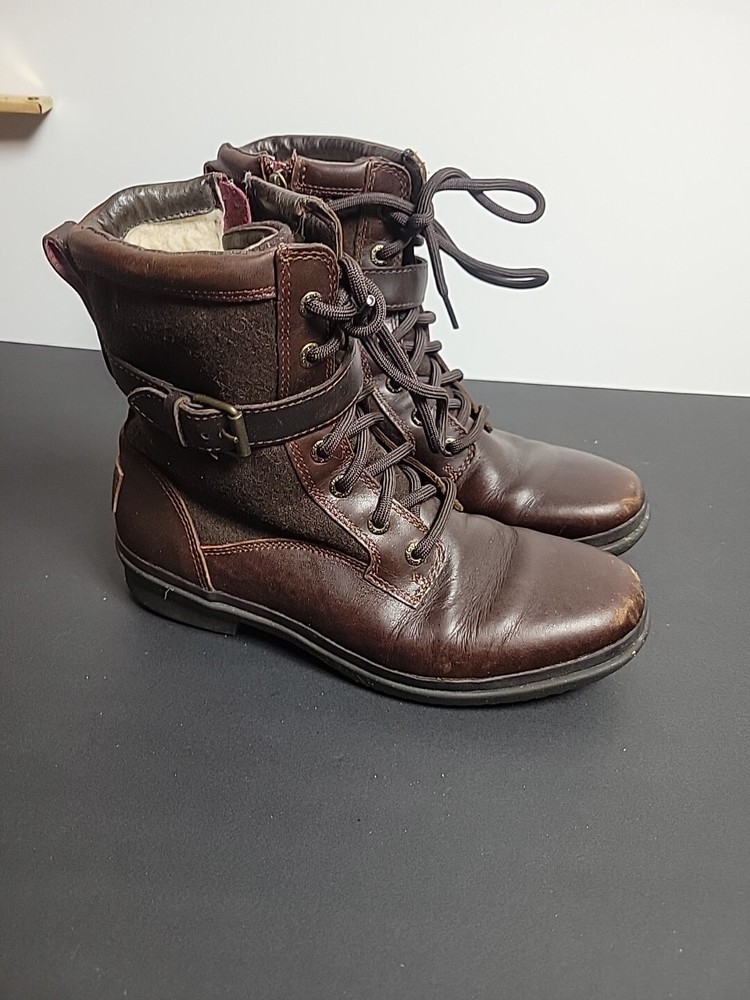 UGG Women's Size 7.5 Kesey Brown Leather Lace-Up Waterproof Buckle Boots