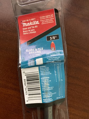 Makita B-68971 3/8" x 4" Glass & Tile Bit, 3 Flat Shank - Picture 2 of 3