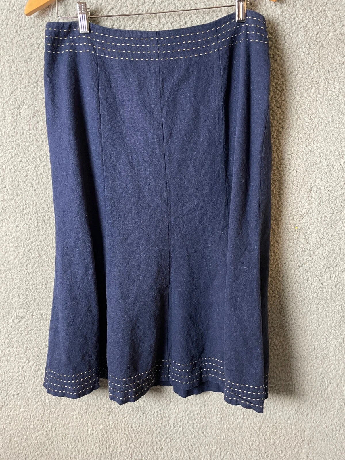Sigrid Olsen Skirt Womens 10 Navy Blue Tan Linen Flare Nautical Sailor