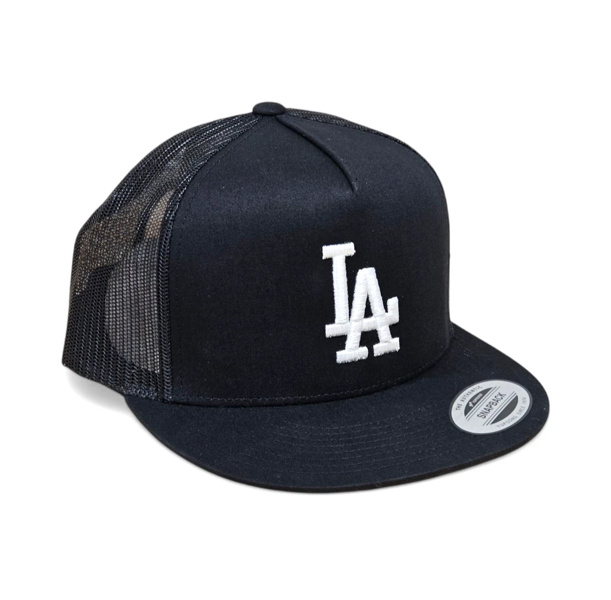 3D LA WHITE Embroidered BLACK & BLACK Flat Bill Snapback Yupoong Trucker Hat NEW