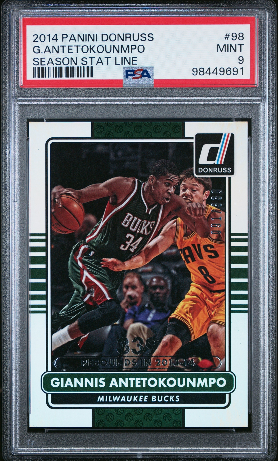 2014 PANINI DONRUSS SEASON STAT LINE #98 GIANNIS ANTETOKOUNMPO 91/339 PSA 9