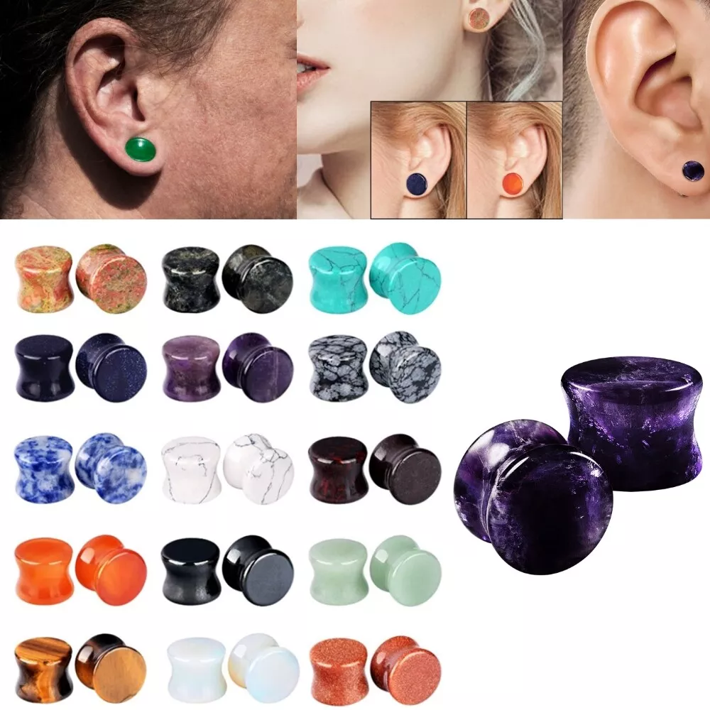 PAIR Organic Stone Ear Flesh Tunnel Plugs Ear Gauge Saddle Double