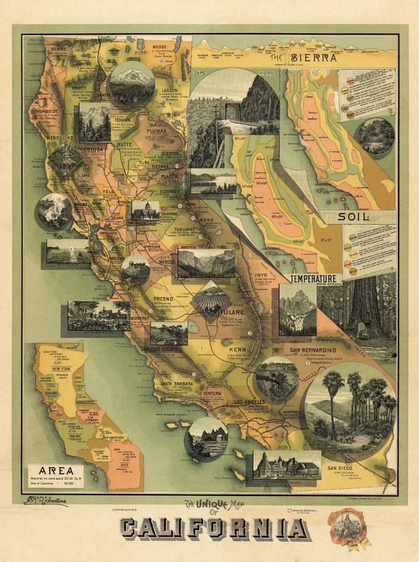 1885 Unique Pictorial Map Of California 11"x15" Wall Art Poster Decor Historic